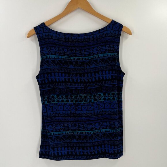 Chico's Travelers 1/M Tank Shell Top Acetate Slinky Stretch Knit Blue Print - Picture 2 of 7